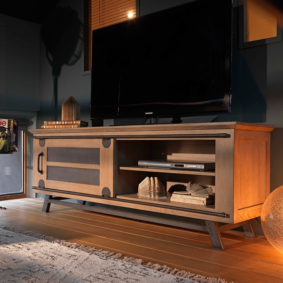 Grand meuble TV avec porte coulissante style atelier de chez Artcopi