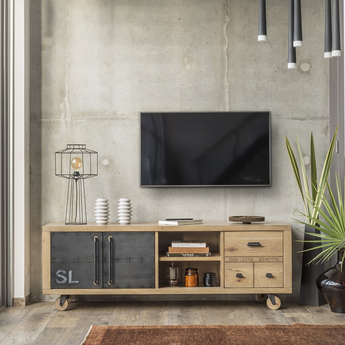 Petit meuble TV moderne 1 tiroir 1 niche en chêne avec inscrustation  céramique